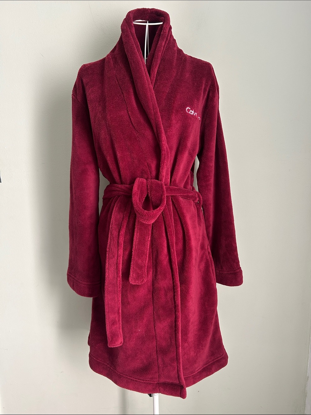 Calvin Klein Burgundy Plush Shawl-Collar Robe with Belt
